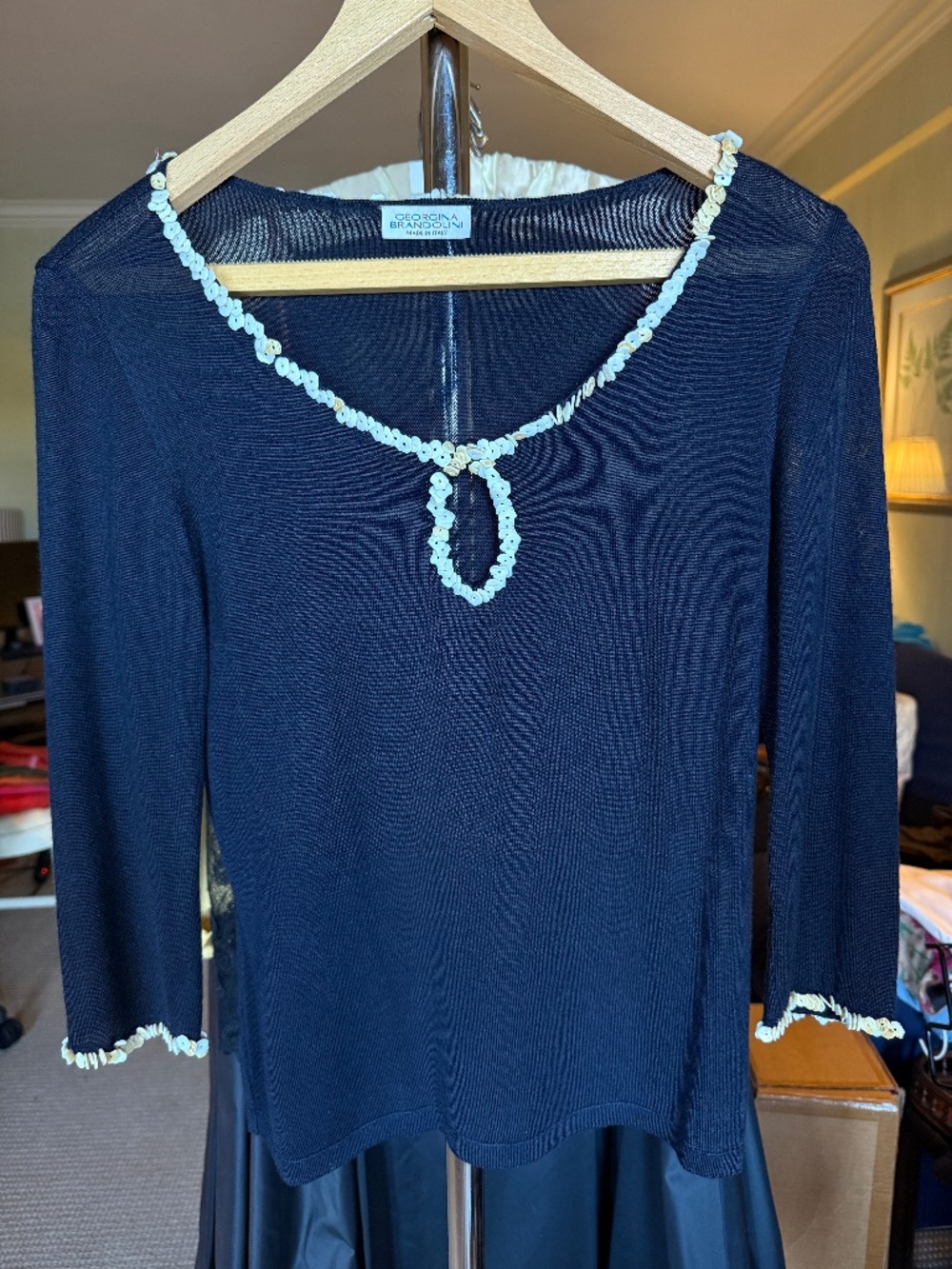 Georgina Brandolini Made in Italy Navy Knit Sweater with Shell Trim
